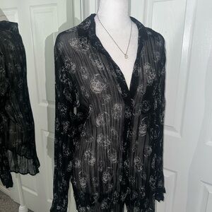 Rock & Republic Sheer Black Skull Print Blouse Size L